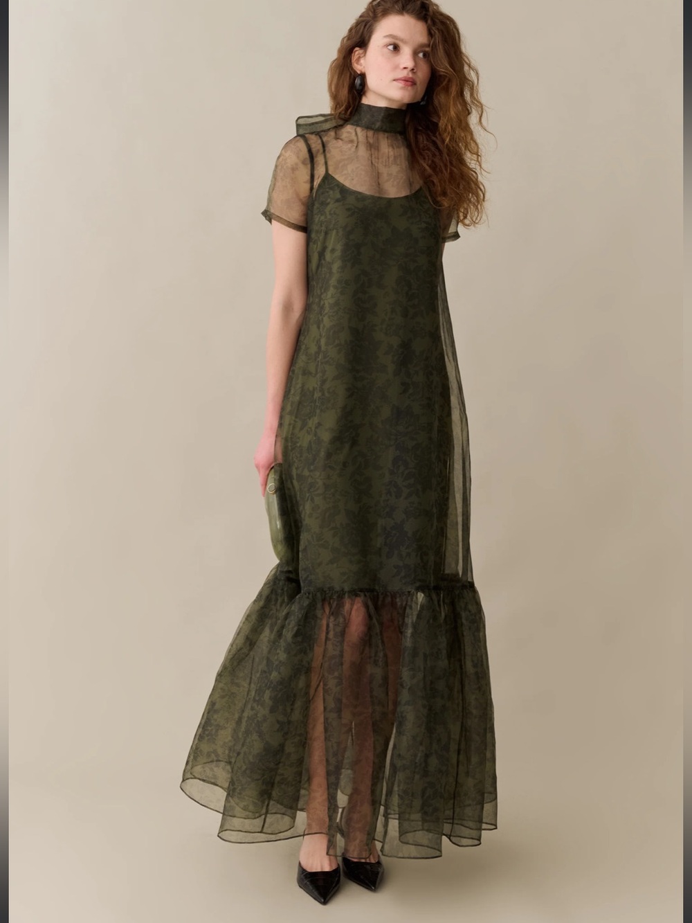 NWT CAARA Melody Olive Floral Organza Elegant Dress Size Medium - Picture 3 of 10
